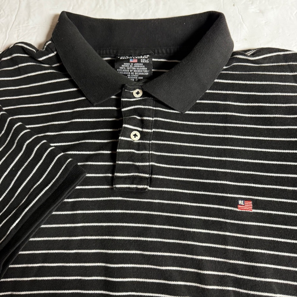 Polo Jeans Co Ralph Lauren Mens XXL Black White Striped Cotton Polo Shirt Flag